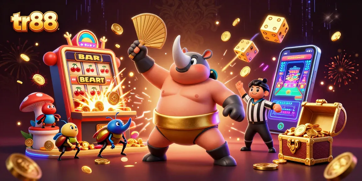 tr88 engages players with a vibrant scene of a sumo beetle and thrilling casino elements.