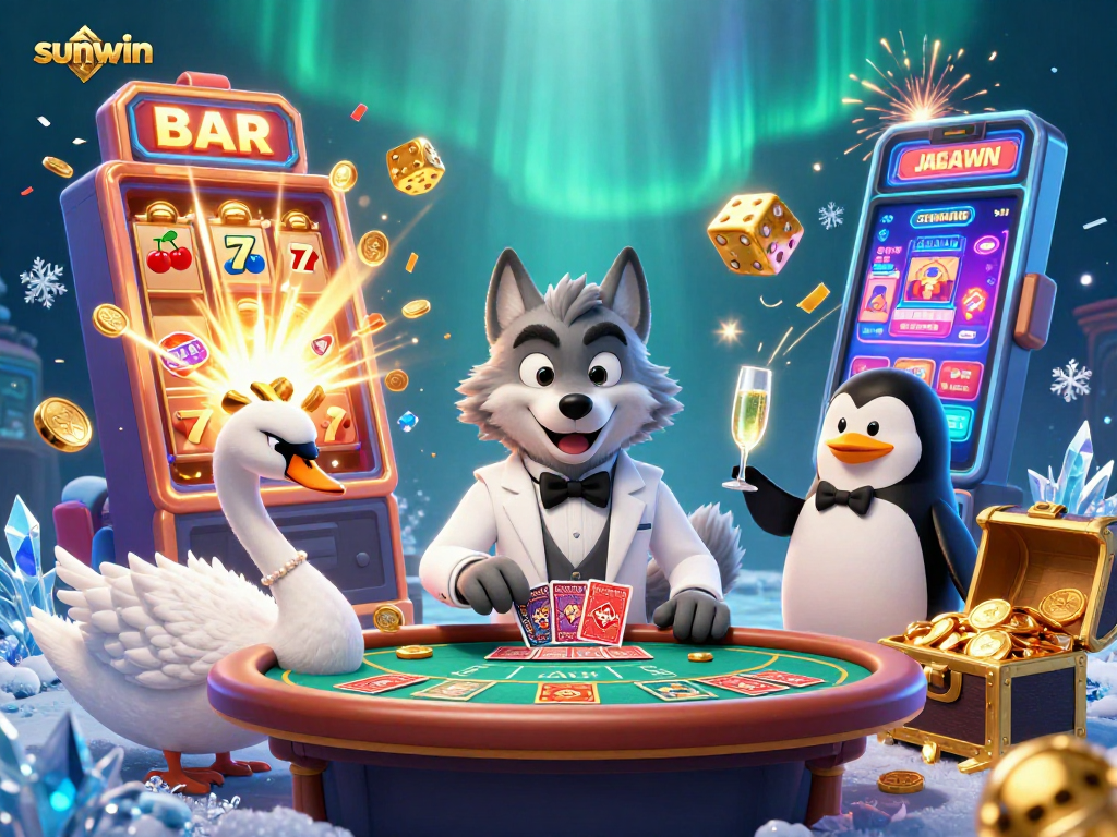 Experience the vibrant excitement of sunwin with a stunning scene featuring charismatic casino characters.