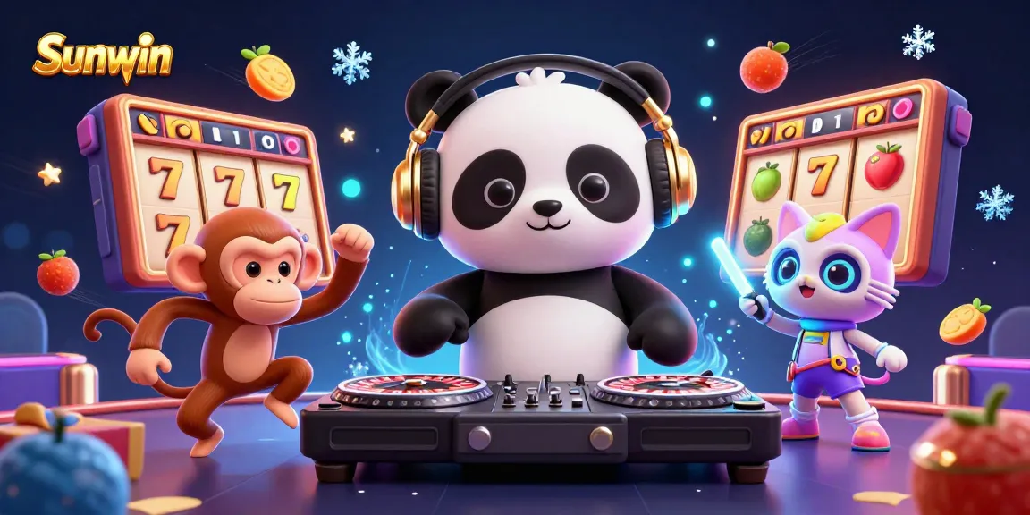 Experience thrilling slots action at Sunwin with vibrant 3D characters in a lively casino scene.