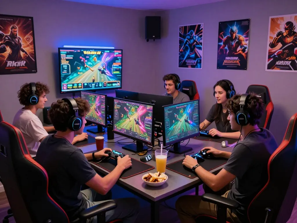 Group of gamers enjoying Rikvip online gaming experience with LED lights and dynamic graphics.