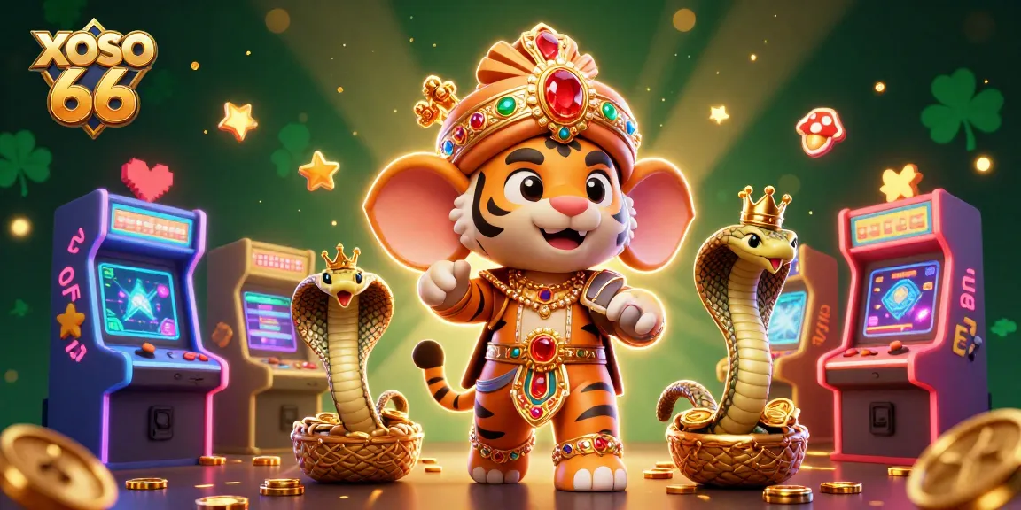 Experience thrilling XOSO 66 action with a vibrant 3D casino illustration featuring a majestic tiger and elephant.