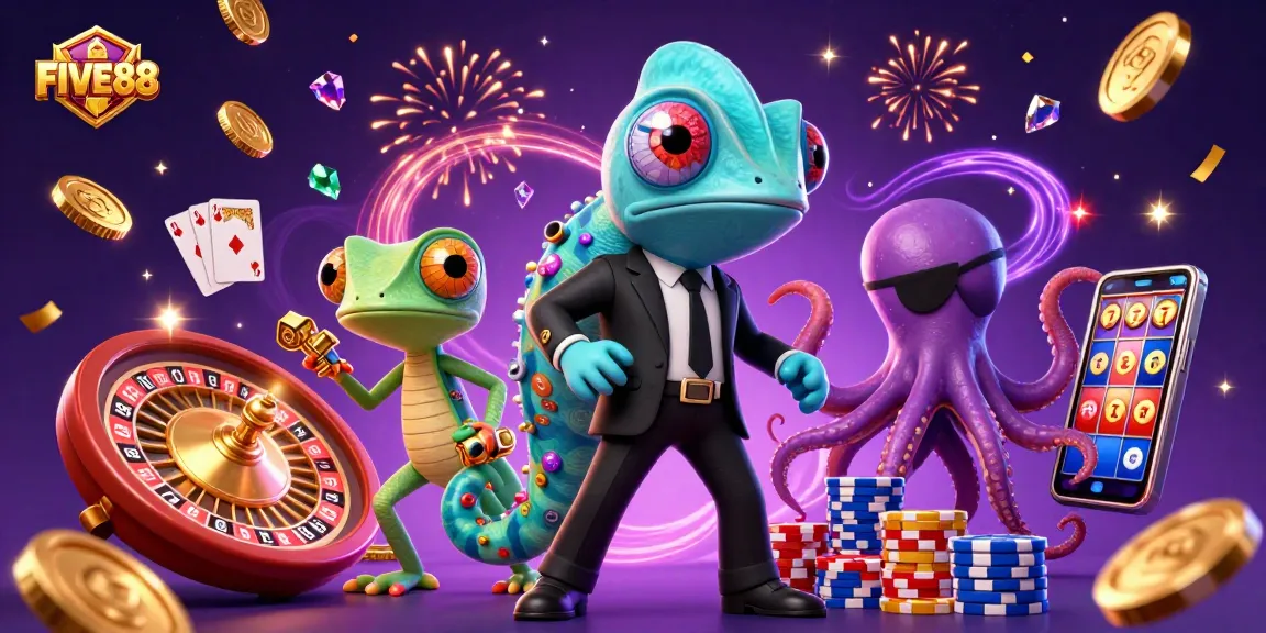 Experience the thrill of FIVE88 with a lively 3D casino scene featuring dynamic characters and vibrant game elements.