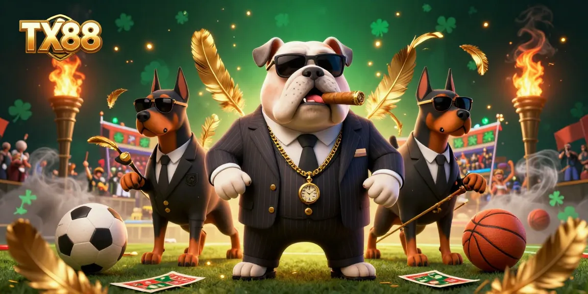 Experience thrilling sports betting at TX88 with a mafia bulldog and Doberman bodyguards amid a dynamic gambling scene.