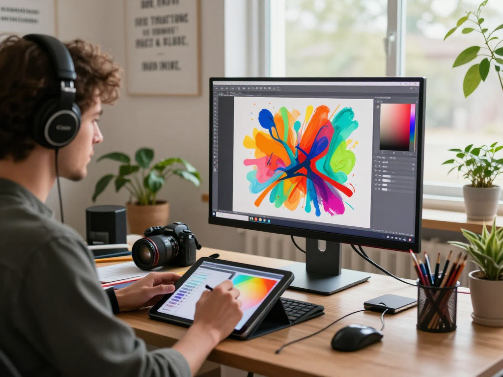 NSFW digital art studio, artist creating vibrant artwork with tablet, inspiring workspace setting.