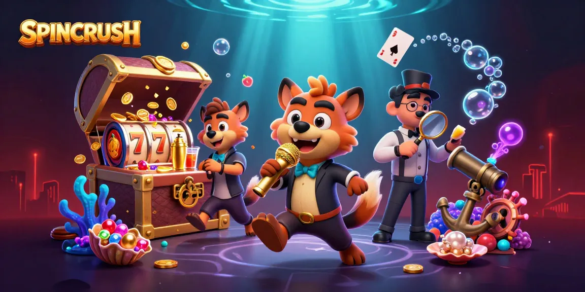 SPINCRUSH features hyena characters in a vibrant casino scene, showcasing jackpots and treasures.