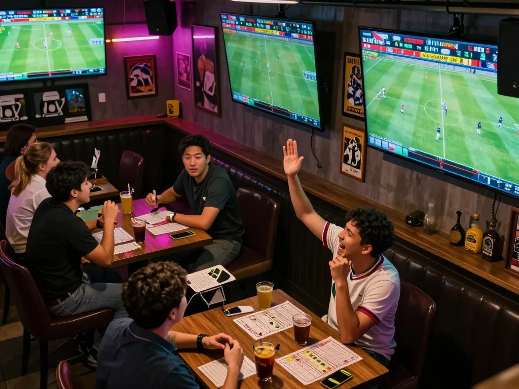 Patrons enjoying a vibrant sports bar atmosphere while checking kết quả bóng đá on multiple screens, showcasing the excitement of betting.