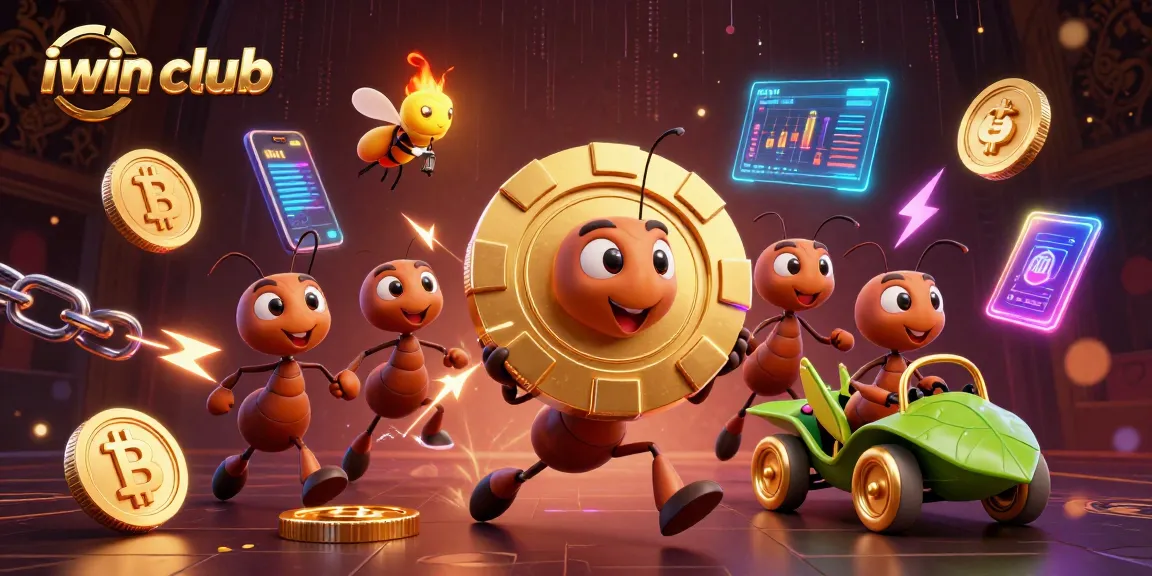 Boost your gameplay at iwin club with animated ants stealing a massive poker chip!