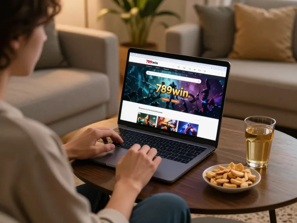 Player engaging with 789win. com while enjoying a cozy home setting with snacks.