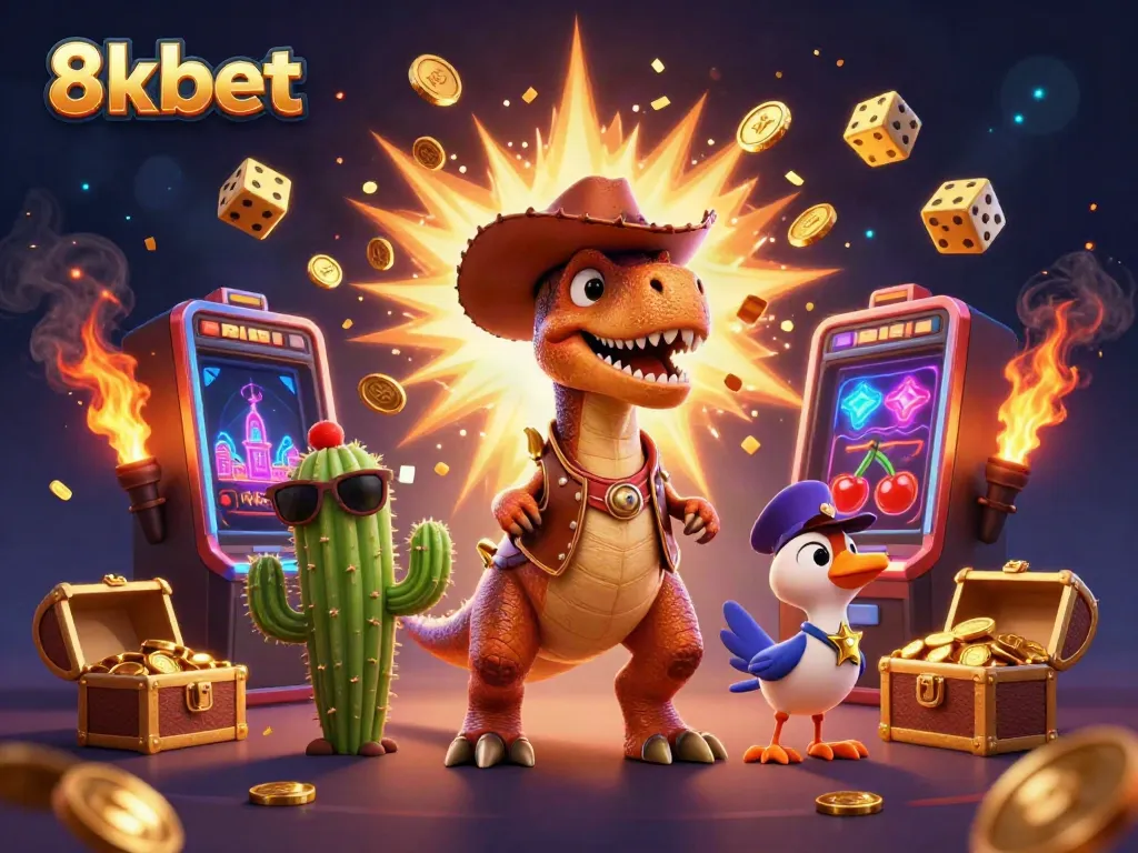 8xbet slot machine explosion with cartoon characters for exciting casino action.