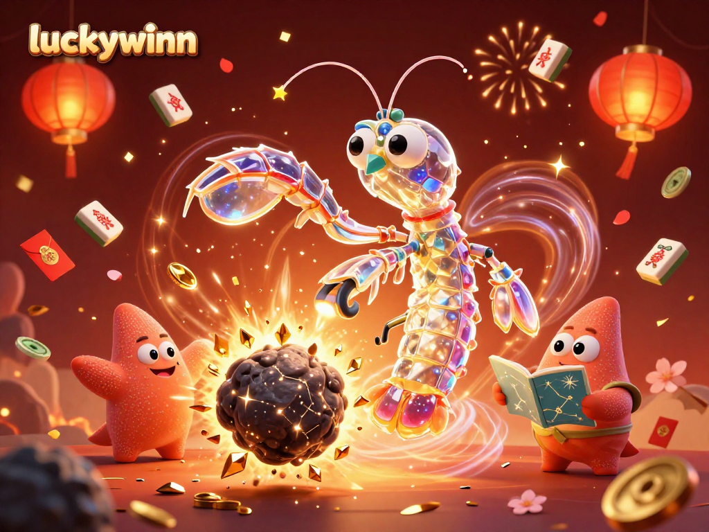 Experience luck at luckywinn with a vibrant 3D casino-themed celebration featuring galactic characters and gold coins.
