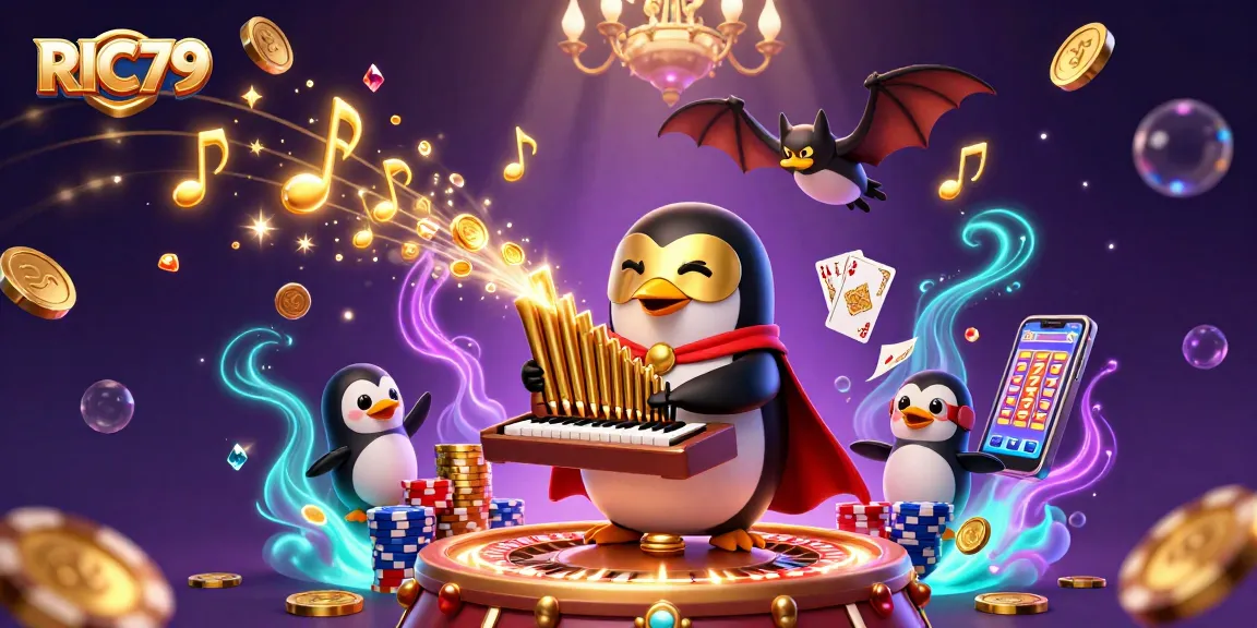 Experience the thrill of RIC79 casino games with a vivid illustration of a penguin organist and vibrant casino elements.