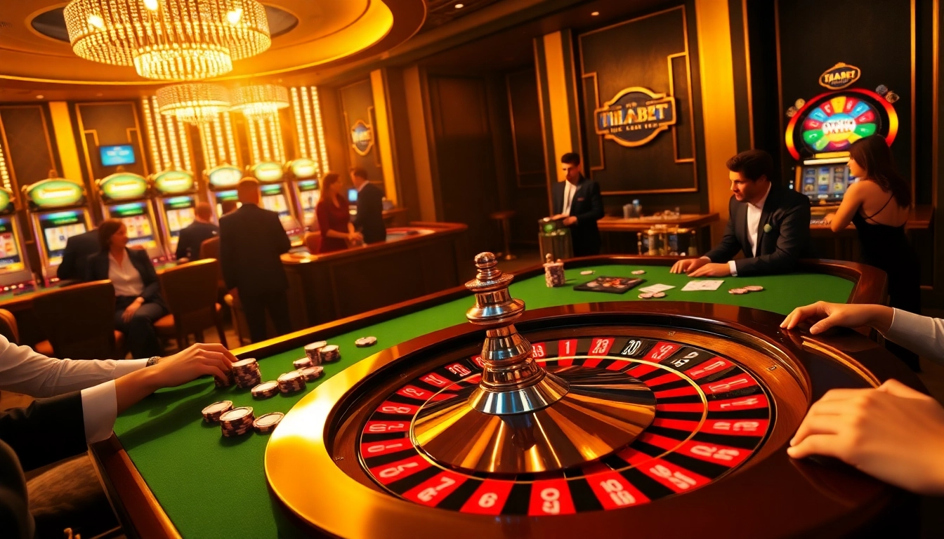 Experience thrilling games at thabet.com, featuring engaging live casino tables and vibrant poker chips.