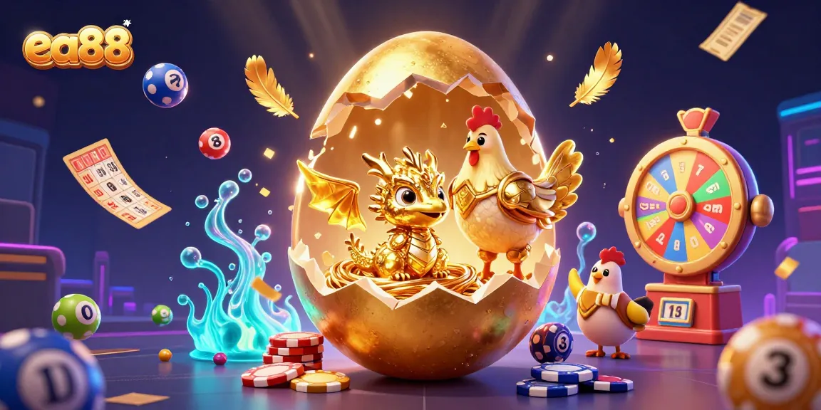 Engage with ea88’s vibrant gambling scene featuring a golden dragon on poker chips with dynamic colorful elements.
