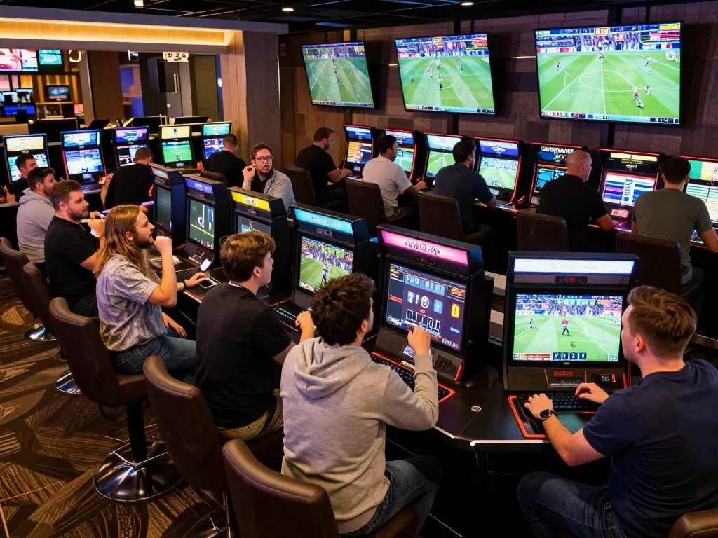 Sanclub bettors placing wagers in a lively casino atmosphere with sports screens