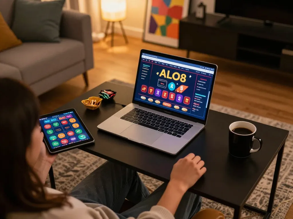 A player engages with ALO8 casino on a laptop, showcasing a cozy online gambling setup.