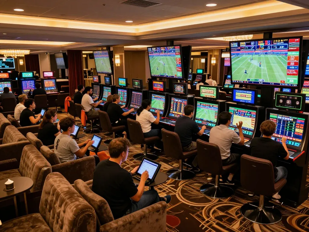 Exciting sports betting scene at a luxurious lounge, showcasing VK88's vibrant atmosphere.