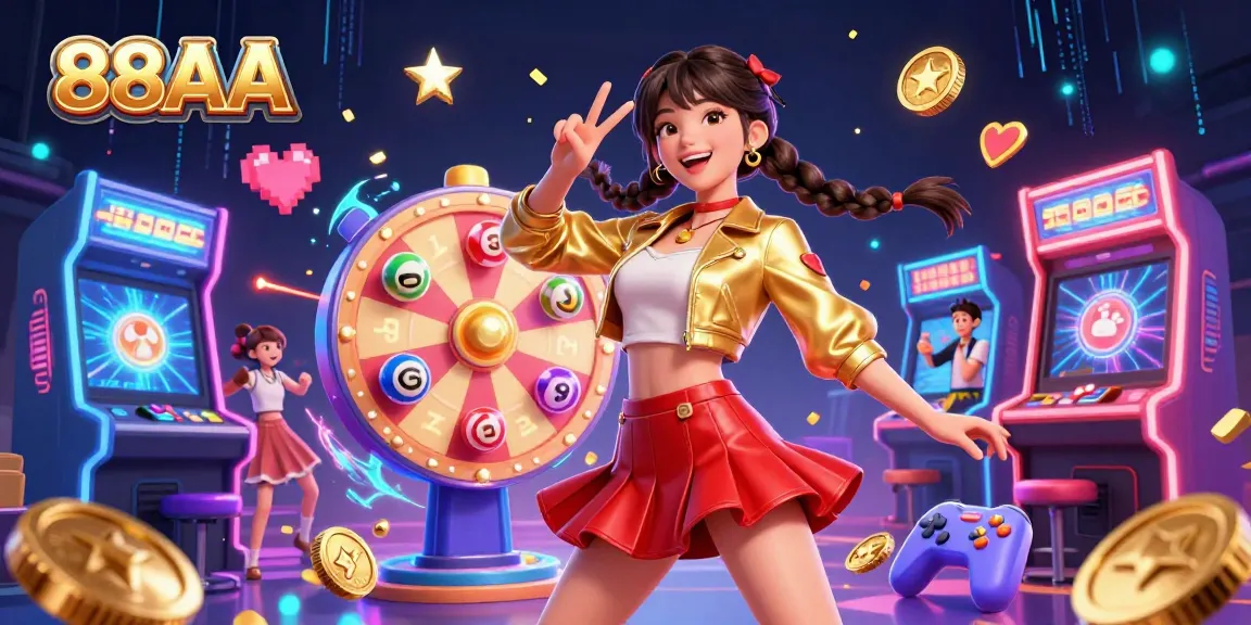 Engaging scene for 88AA featuring a vibrant Asian woman and colorful casino elements, celebrating excitement and winnings.