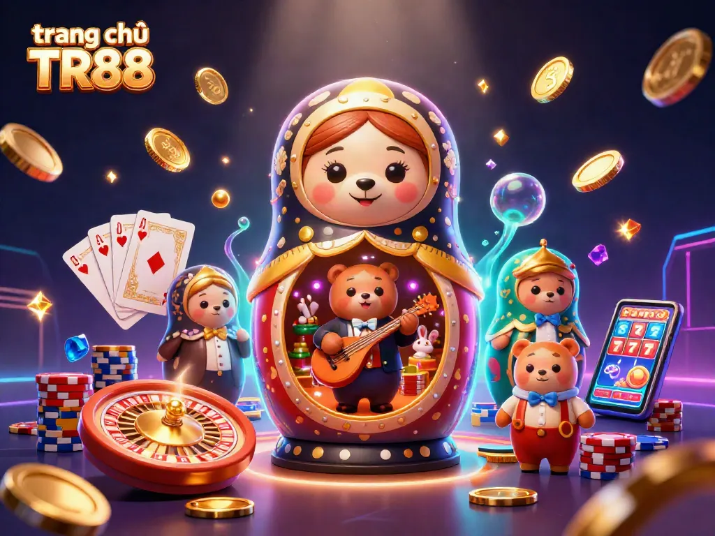 Engage at trang chủ TR88 with vibrant 3D casino illustration featuring iconic characters and games.