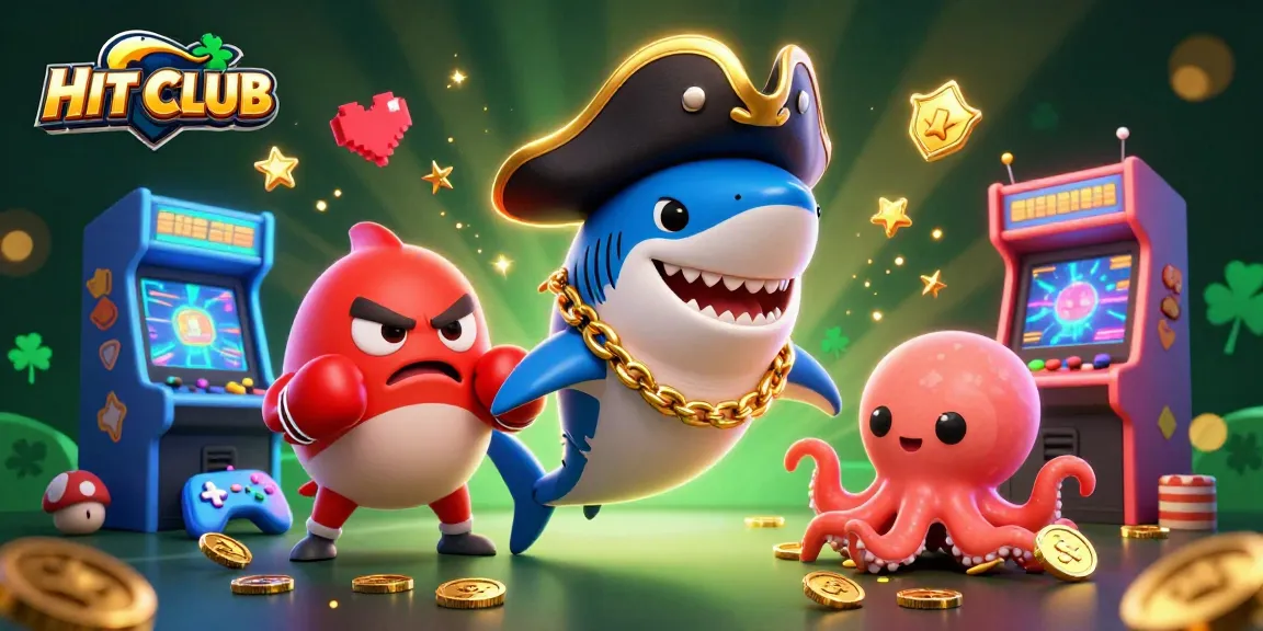 Engage in exciting gaming at HIT CLUB with cartoon pirate shark, pufferfish, and octopus surrounded by vibrant 3D casino elements.