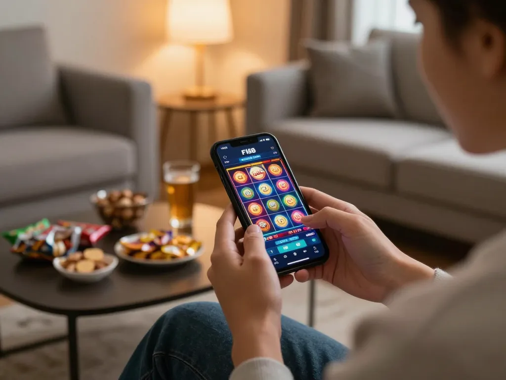 Play slots on F168 mobile app, enjoying a cozy gaming session with friends at home.