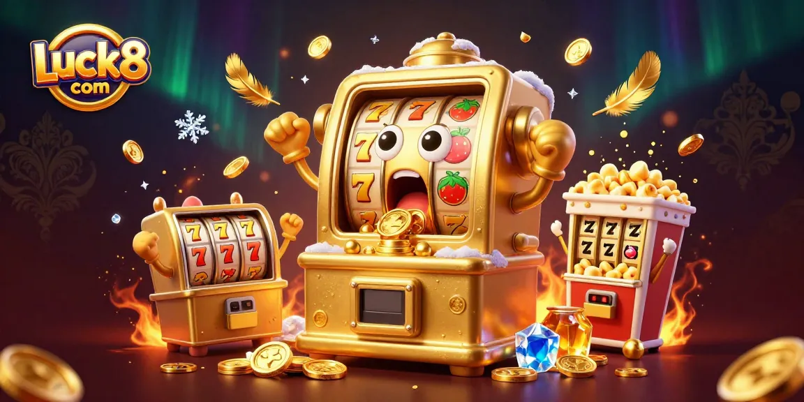 Experience big wins at Luck8 com as a golden slot machine celebrates its jackpot victory amidst sparkling coins.