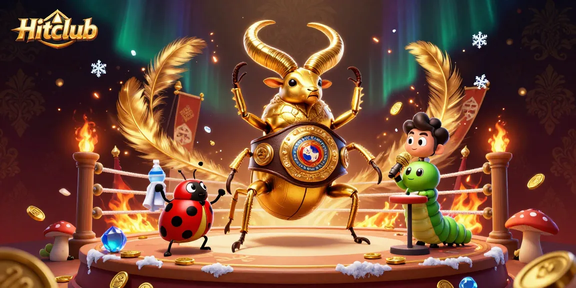 Hitclub showcases thrilling gaming action featuring a dynamic golden stag beetle champion amidst casino elements.