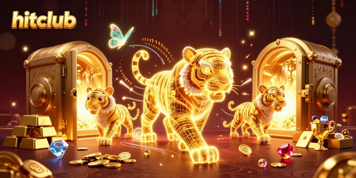 Experience winning at hitclub with a neon-wireframe tiger amidst treasure vaults and vibrant casino elements.