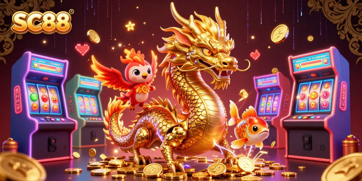 Experience exhilarating play at SC88 with a golden dragon and phoenix amidst jackpots and thrilling slot action.