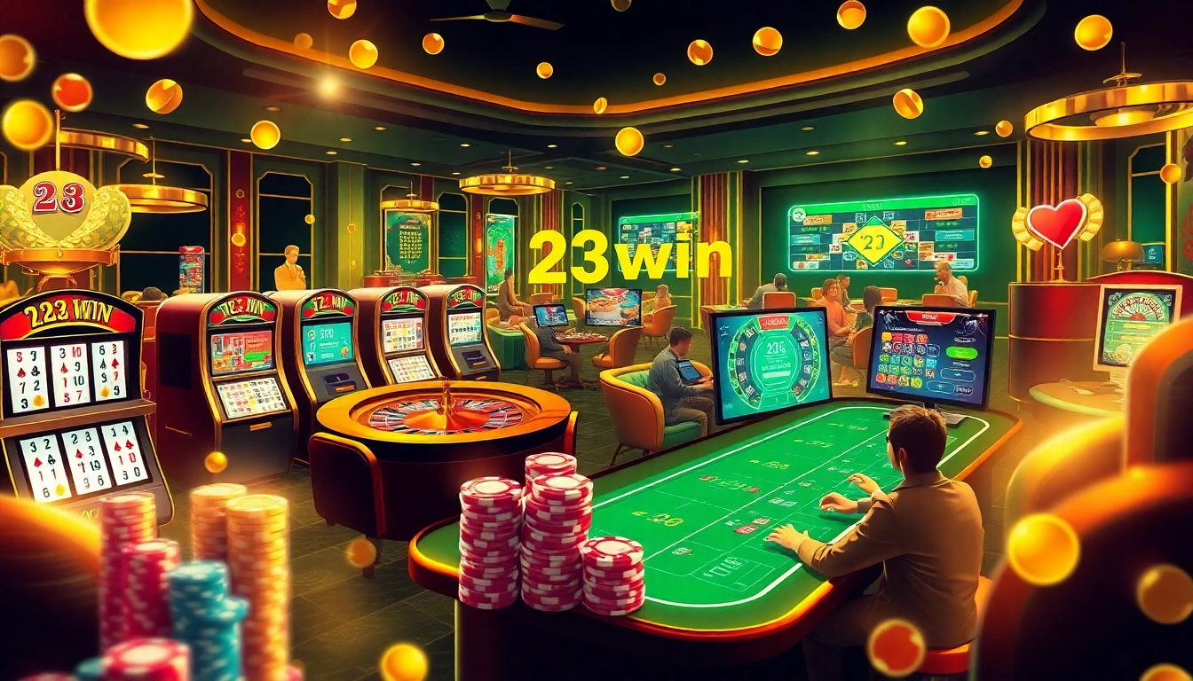 Players enjoying diverse games at 23win's digital casino with chips and slot machines.