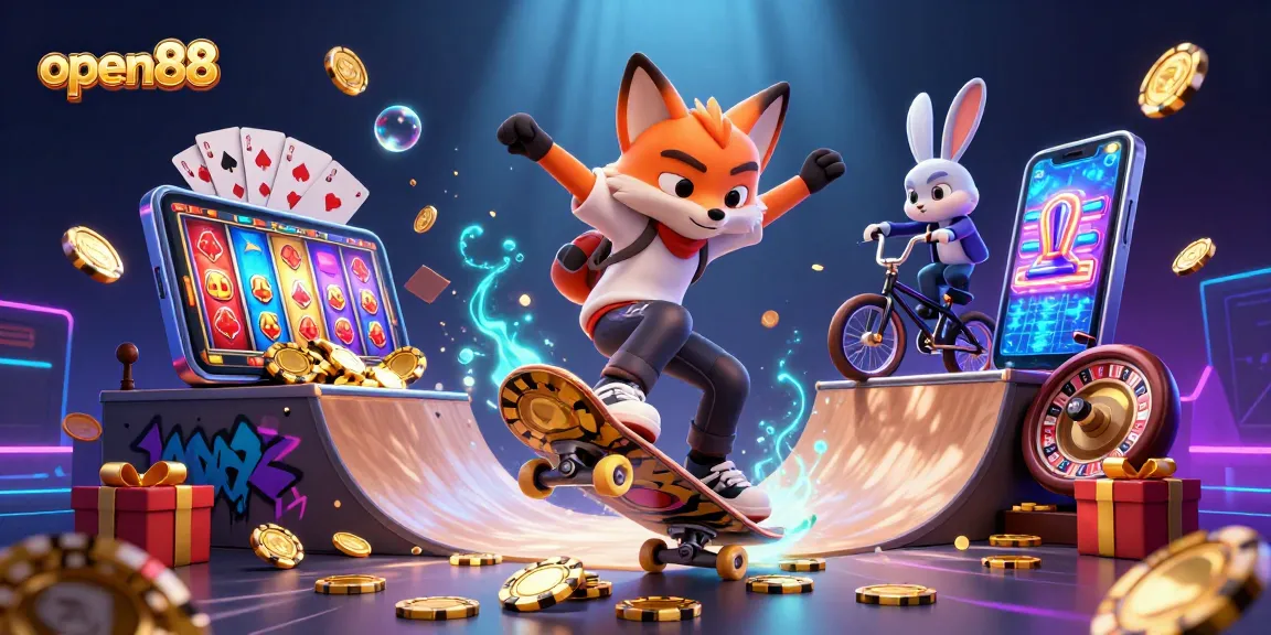 Engage with open88's vibrant 3D casino scene featuring unique characters and exciting gaming elements.