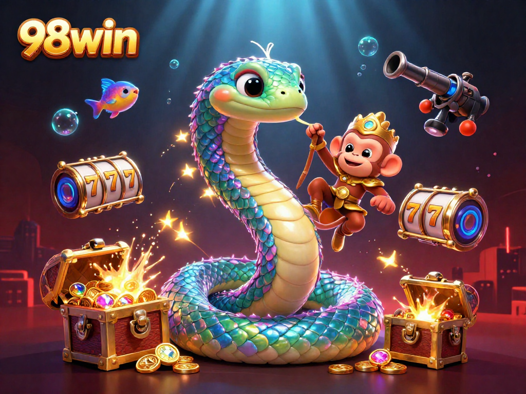 Engage in thrilling gameplay with 98win's vibrant 3D casino illustration featuring treasures and magical elements.