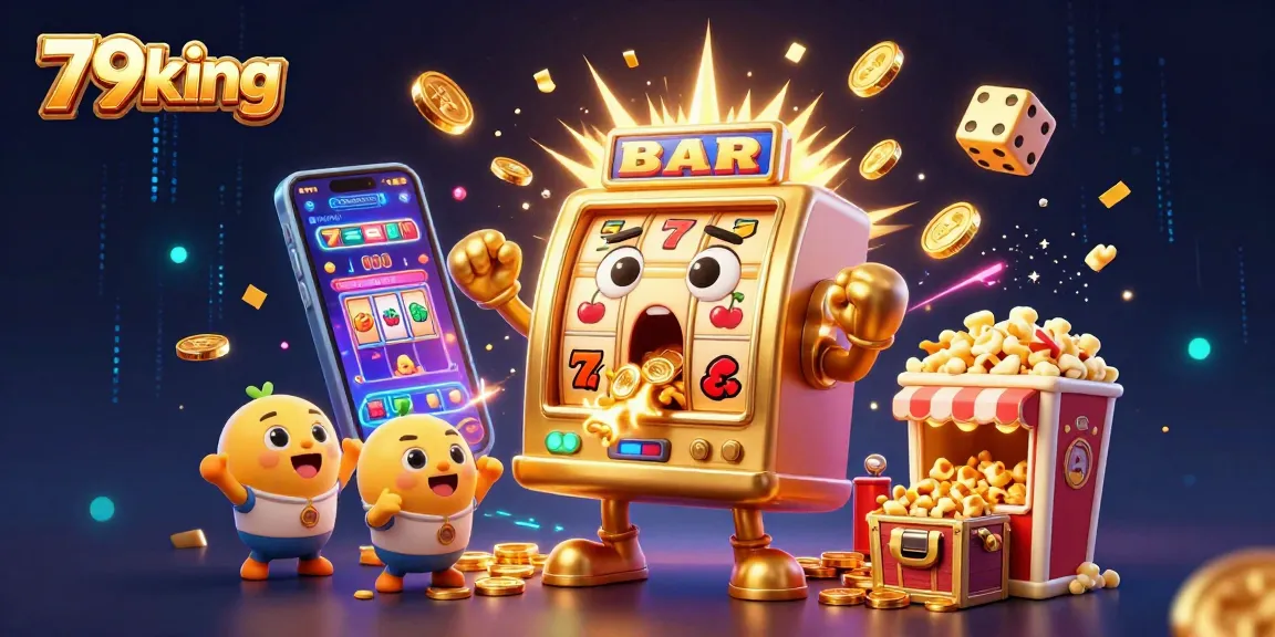 Experience incredible wins at 79king with a golden slot machine celebrating its jackpot amidst a whirlwind of casino excitement.