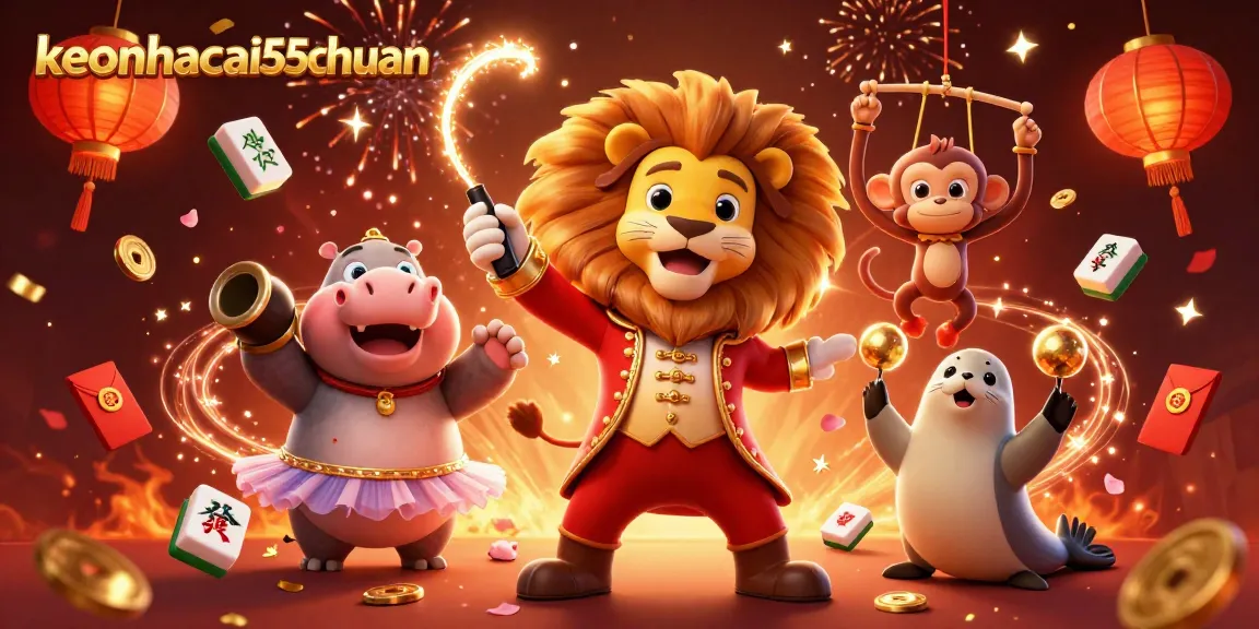 Experience the excitement at keonhacai55chuan with a vibrant circus-themed gambling illustration featuring fun characters.