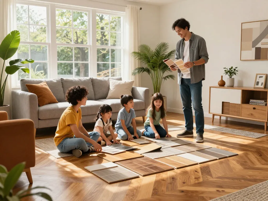 Family exploring flooring options with a flooring specialist near me in a bright, modern living room.