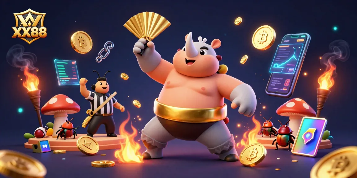 Experience the thrilling action of XX88 with a dynamic scene featuring a sumo beetle champion and referee, surrounded by vibrant casino elements.