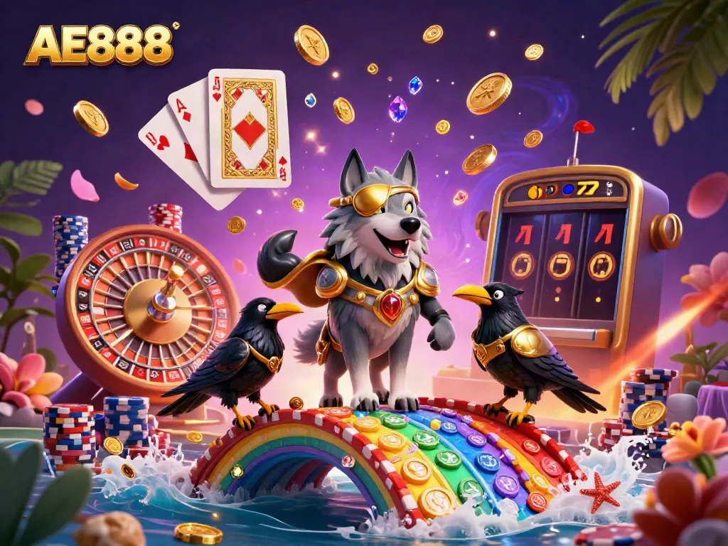 Experience the thrill of AE888 with Norse mythology characters before a rainbow casino bridge.