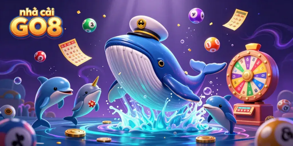 Experience excitement at nhà cái GO8 with playful dolphins and a breaching whale in a vibrant casino scene