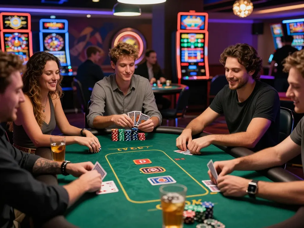 Friends enjoying poker at a lively casino table, showcasing rikbet excitement and vibrant atmosphere.