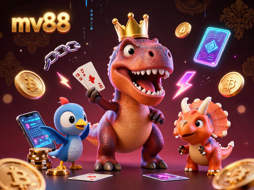Engage with mv88's thrilling T-Rex and friends amidst vibrant casino gaming elements.