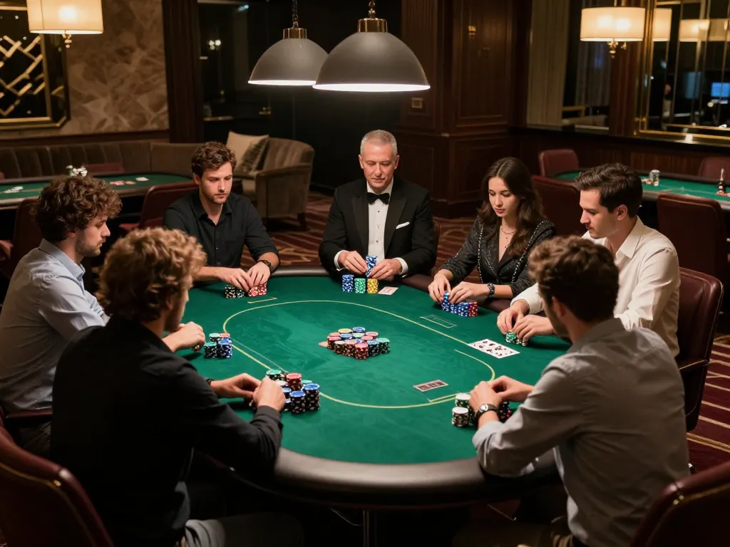 Players engaged and strategizing at a luxury poker table in a high-stakes ve88 room atmosphere
