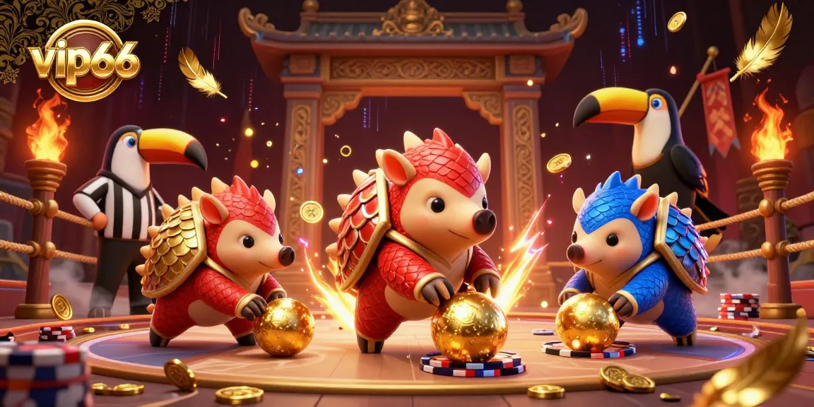 Rival pangolins roll golden balls in a dynamic vip66 casino scene filled with poker chips.