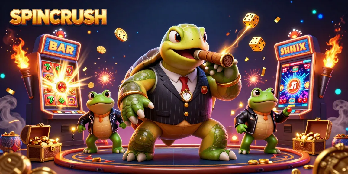 Engage with SPINCRUSH in an exciting casino adventure with a dynamic design showcasing vibrant characters and symbols.