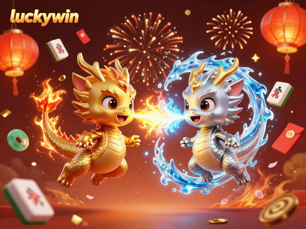 Experience the thrill of luckywin with dynamic dragons battling, celebrating with vibrant casino-themed elements.