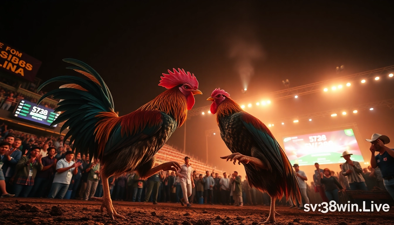 Exciting live cockfighting scene at SV368win.live with gamecocks and enthusiastic fans.