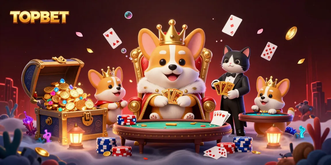 Engage with TOPBET in a vibrant casino scene featuring royal corgis, poker elements, and golden treasures.
