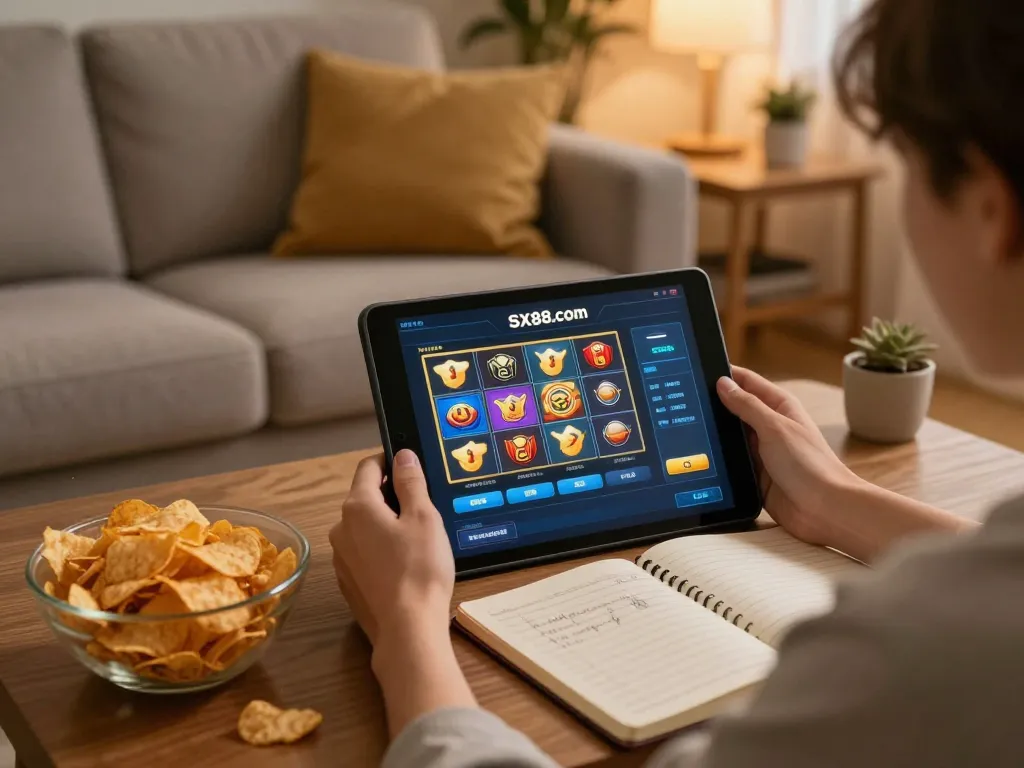 SX88 online gaming session setup with tablet displaying exciting slots, showcasing cozy atmosphere and betting strategies.