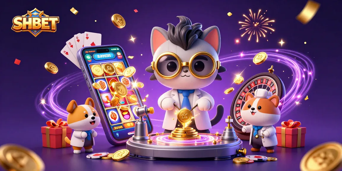 Experience an exciting SHBET gaming scene with vibrant casino elements and characters actively creating wins.