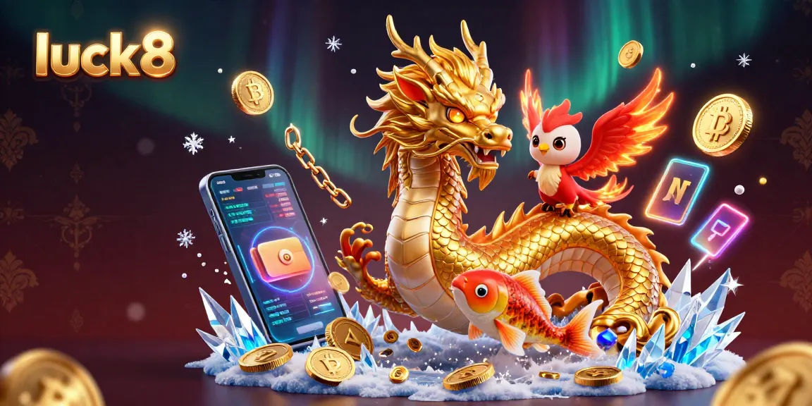 Immerse in luck8's thrilling casino scene with a golden dragon, phoenix, and koi fish amidst coins.