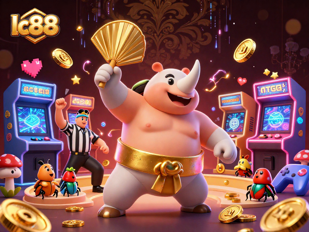 Experience the thrill of lc88 as the champion beetle stomps and coins fly in this vibrant casino scene.