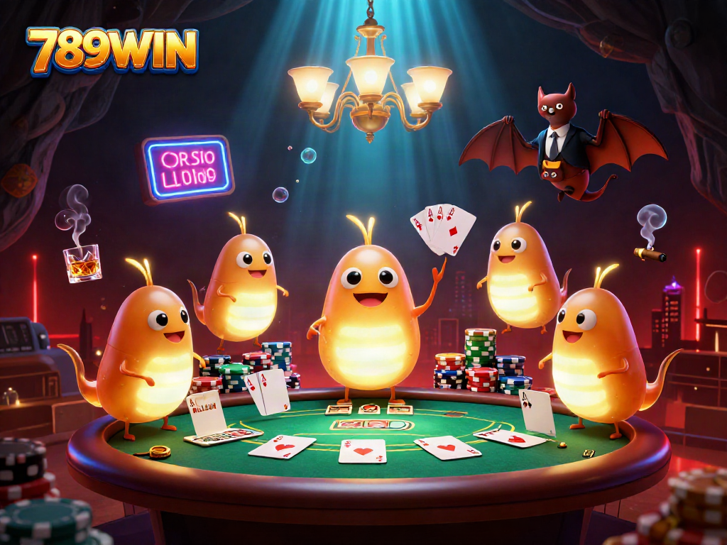 Engage with 789WIN in an illuminated cave casino featuring vibrant glowworms and dynamic poker gameplay.